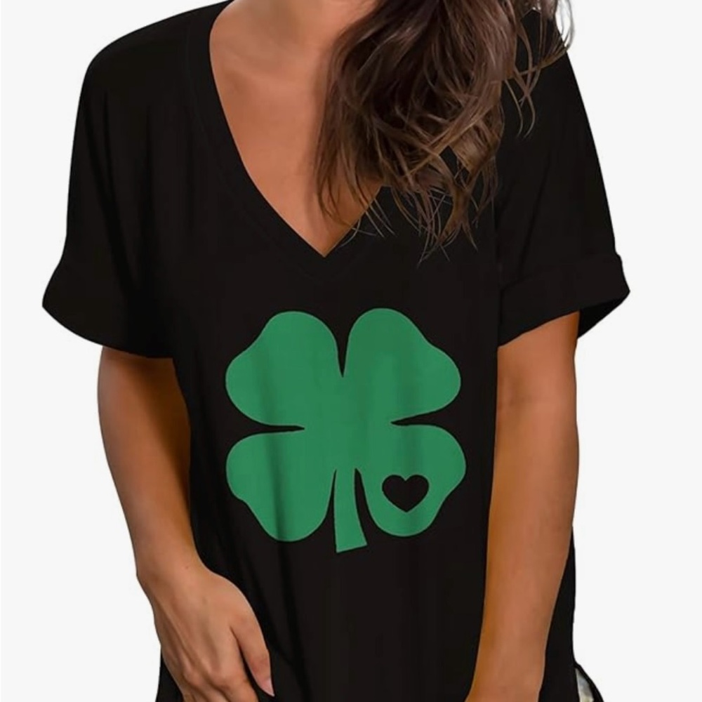 Women's Black Tee with Green Clover Design